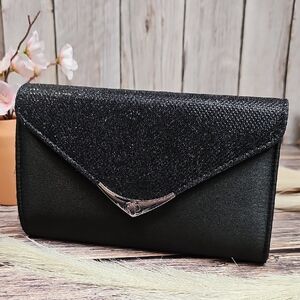 NEW FIONI NIGHT BLACK GLITTER ENVELOPE STYLE EVENING CLUTCH